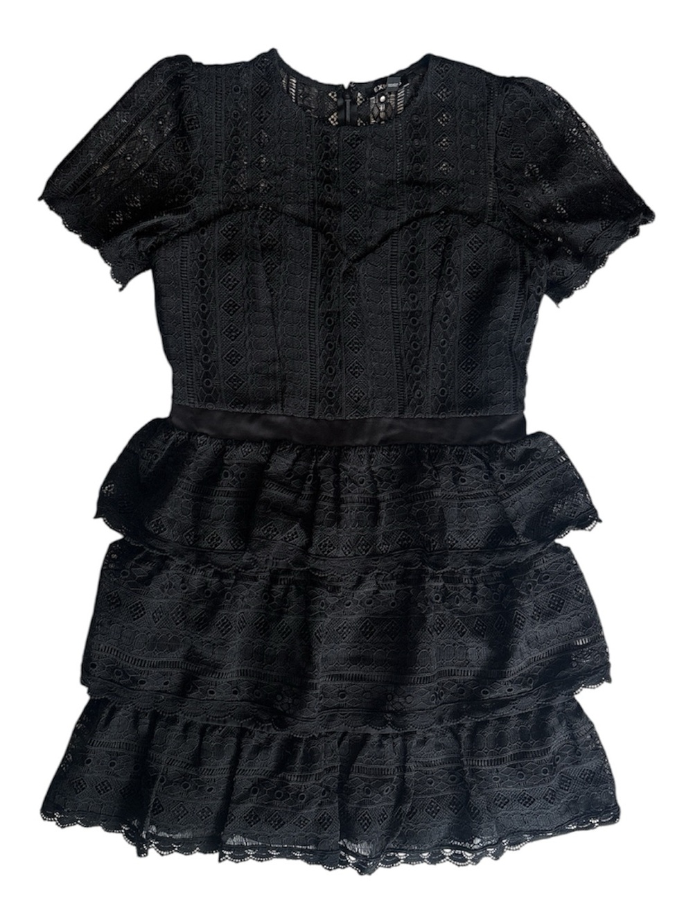 Express Dress Black Lace Tiered Peplum Dress Women’s M Goth 80s Prom